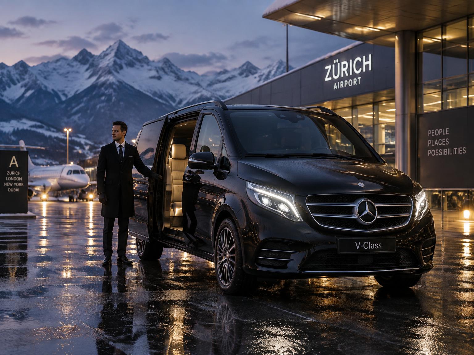 Chauffeur with a Mercedes V-Class outside a Swiss airport terminal